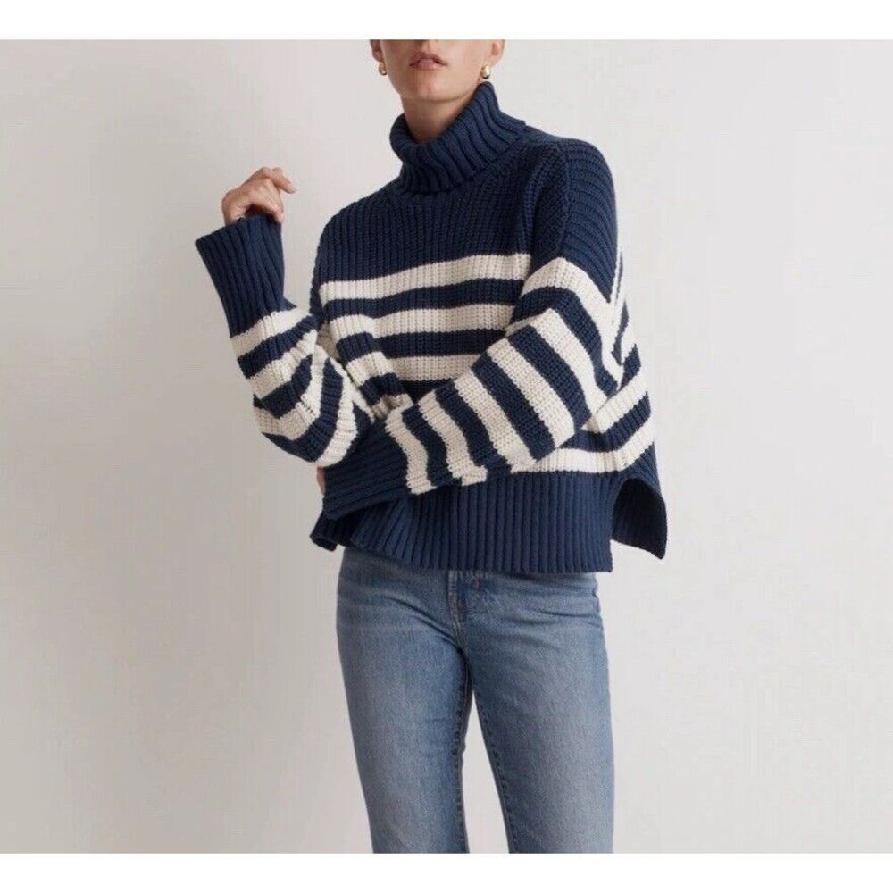 Madewell Navy and White Striped Ribbed Turtleneck Sweater
